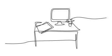 Bir yığın kağıt ve bitkiyle dolu bir masa. Devamlı tek bir çizimle çizilmiş. İş ve ofis kavramı. El yapımı minimalist tasarım.