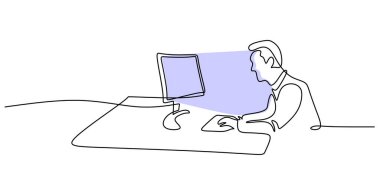 Dizüstü bilgisayarla çalışan bir adam ya da sürekli çizim yapan bir bilgisayar. İş ve ofis kavramı. El yapımı minimalist tasarım.