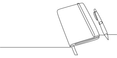 Gündem ya da günlük aralıksız tek satır çiziminde yanında bir kalem ile tasvir edilir. İş ve ofis kavramı. El yapımı minimalist tasarım.