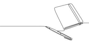 Gündem ya da günlük, aralıksız tek satır çiziminde yanındaki kalemle gösterilir. İş ve ofis kavramı. El yapımı minimalist tasarım.