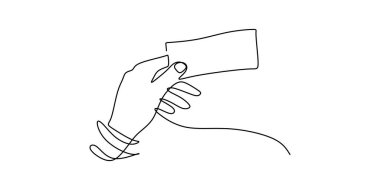 Sürekli tek bir çizgi çizerek para tutarken el çizimi. Bankacılık ve finans kavramı. El yapımı minimalist tasarım.