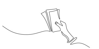 Sürekli çizilen bir çizimde para tutarken resmedildi. Bankacılık ve finans kavramı. Minimalist el yapımı tasarım.