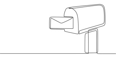Sürekli tek satır çiziminde ortaya çıkan zarflarla resmedilmiş posta kutusu. Posta konsepti. Minimalist el yapımı tasarım.