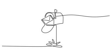 Aralıksız tek satır çiziminde içinden zarflar çıkan posta kutusu. Posta ile ilgili bir kavram. El yapımı minimalist tasarım.