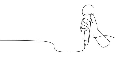 Microphone in Hand: Continuous One Line Drawing Illustrating Entertainment Concept in Minimalist Design. clipart