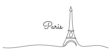 Paris şehir simgeleri sürekli tek bir çizgi çizerek ele geçirildi. Şehir güzelliğini vurgulayan minimalist vektör illüstrasyonu.