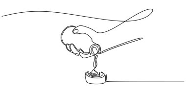 Kapağı açık şişeden sos döken bir elin sürekli çizimi. Minimalist gıda konsepti çizimi.