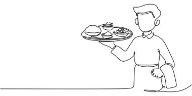 Garsonun yemek ve içecek çizimleri için mükemmel bir tepsi getirdiği bir çizim..