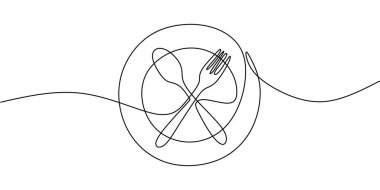 Bıçak ve çatal bir tabakta kesişiyor, tek sıra halinde çekiliyor. Minimalist gıda konsepti.