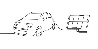 Güneş panelleri ve istasyonlarda şarj olan elektrikli arabalar, tek sıra şeklinde tasvir edilirler. Yenilenebilir enerji kavramı.