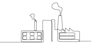 Dumanlı sanayi binaları, kesintisiz tek çizgi çiziminde gösterilmiştir. Yenilenebilir enerji kavramı.