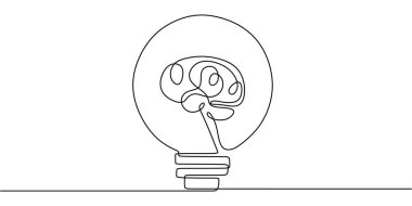 Bir ampulün içinde parlayan ve psikolojide ilham ve bilişsel aydınlanmayı temsil eden bir beynin kesintisiz çizimi..