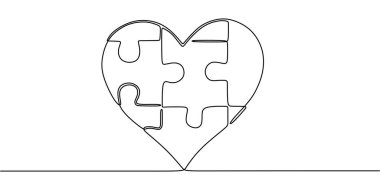 Minimalist illustration of a puzzle-formed heart using one line, representing love, unity, and the idea of finding one's match. clipart