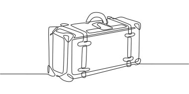 Kemer tokalı eski bir valizin sürekli çizimi seyahat nostaljisini ve minimalist bir tasvir ile eski moda tarzı simgeliyor..