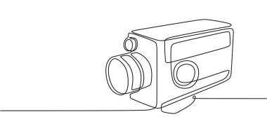 Klasik fotoğrafçılığı ve klasik anıları minimalist bir dokunuşla temsil eden büyük mercekli bir retro kamera çizimi..