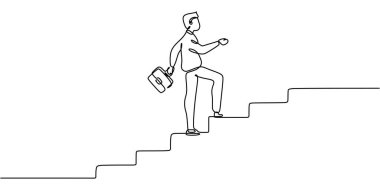 Merdivenleri çıkarken bavul taşıyan biri. Sürekli bir çizgi çiziyor. Büyüme yolculuğunu, başarıyı ve hedefleri için çabalamayı yansıtıyor. Vektör illüstrasyonu minimalist el çizimi.