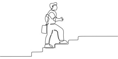 Sürekli bir bavulla merdivenleri çıkan bir adamın çizimi. Kariyer ilerlemesini, kişisel hırsını ve başarıya giden adımları sembolize ediyor. Vektör illüstrasyonu minimalist el çizimi.