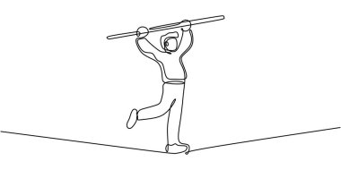 Dar bir ipte dengede duran bir kişinin minimalist çizimi. Dayanıklılık, güç ve zorlukların üstesinden gelme kararlılığını sembolize ediyor. Vektör illüstrasyonu minimalist el çizimi.