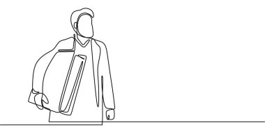 Devamlı büyük bir çanta taşıyan bir adam sanatı. Sıkı çalışma, adanmışlık ve kişisel hedeflere ulaşma çabalarını temsil ediyor. Vektör illüstrasyonu minimalist el çizimi.