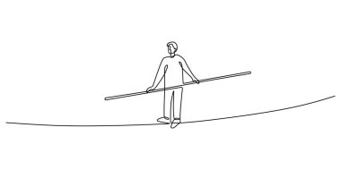 İpte dengede duran bir kişinin sürekli çizimi, bir sopayla yürümek, hayattaki dengeyi ya da zor kararları sembolize etmek. Minimalist vektör illüstrasyon eli çizildi.