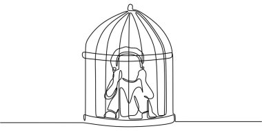 Kafese kapatılmış bir çocuğun sürekli çizdiği bir çizgi. Sınırlamaların, kırılganlığın ve duygusal mücadelenin temaları vurgulanıyor. Vektör illüstrasyon eli çizildi.