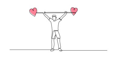 Aşk halterini kaldıran bir adamın sürekli çizdiği bir çizgi. Aşkın, azmin ve kişisel gelişimin ağırlığını sembolize ediyor. Vektör illüstrasyon eli çizildi.