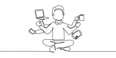 Otururken elinde ekipman tutan bir adamın sürekli çizdiği bir çizgi. Düşünmeyi, iş hayatı dengesini ve odaklanmayı sembolize ediyor. Vektör illüstrasyon eli çizildi.