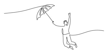 Sürekli olarak şemsiye altında yağmur yağan bir insanın çizimi. Sığınağı, duygusal gücü ve hayat fırtınalarını sembolize ediyor. Vektör illüstrasyon eli çizildi.