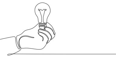 Devamlı çizim yapan bir ampulü tutan el. Fikirleri, yenilikleri ve yaratıcı düşünceleri temsil ediyor. Vektör illüstrasyon eli çizildi.