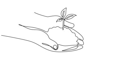 Hand holding a small tree in continuous line drawing. Symbolizing growth, nurturing, and environmental stewardship. Vector illustration one line art minimalist. clipart