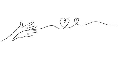 Sürekli bir el çizimi kalp sunuyor. Cömertlik, nezaket ve duygusal destek. Vektör illüstrasyonu Bir satır sanat minimalisti.