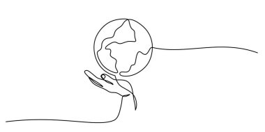 Continuous one line drawing of a hand cradling the Earth. Representing global protection, sustainability, and our shared responsibility. Vector illustration one line art minimalist.