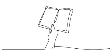 Aralıksız çizgi çizerek açık bir kitap tutuyor. Bilgiyi, bilgeliği ve kişisel gelişimi temsil ediyor. Vektör illüstrasyonu Bir satır sanat minimalisti.