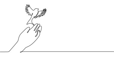 Bir elin sürekli çizdiği bir çizgi bir kuşu serbest bırakıyor. Kurtuluşu, barışı ve gitmesine izin vermeyi ifade ediyor. Vektör illüstrasyonu Bir satır sanat minimalisti.