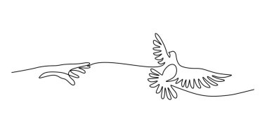 Sürekli çizilen bir el, bir kuşu serbest bırakıyor. Özgürlük, barış ve özgürlük için bir metafor. Vektör illüstrasyonu Bir satır sanat minimalisti.