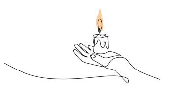 Mumu tutan bir elin durmaksızın çizdiği çizgi. Sıcaklığı, aydınlanmayı ve yol gösteren bir gücü temsil ediyor. Vektör illüstrasyonu Bir satır sanat minimalisti.