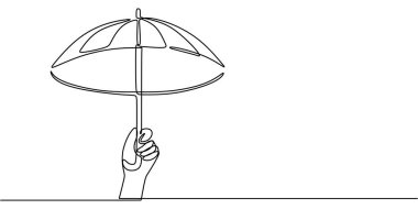 Aralıksız çizgi çizerek yağmur yağan bir şemsiyeyi tutan bir el. Koruma, dayanıklılık ve hayat fırtınalarının sembolü. Vektör illüstrasyonu Bir satır sanat minimalisti.