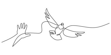 Devamlı çizilen bir el kumruyu sunuyor. Umudu, uzlaşmayı ve barışı temsil ediyor. Vektör illüstrasyonu Bir satır sanat minimalisti.