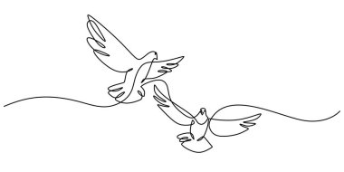 Aralıksız çizgi çizerek uçan güvercinler. Barış, özgürlük ve uçuşta birlik için bir metafor. Vektör illüstrasyonu Bir satır sanat minimalisti.