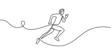 Adam sürekli çizgi çizerek koşuyor. Hareketi, ilerlemeyi ve zorlukların üstesinden gelme güdüsünü sembolize ediyor. Vektör illüstrasyonu Bir satır sanat minimalisti.