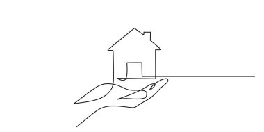 Sürekli olarak küçük bir evi tutan bir el çizimi. Sığınağı, vakfı ve bir evin güvenliğini temsil ediyor. Vektör illüstrasyonu Bir satır sanat minimalisti.