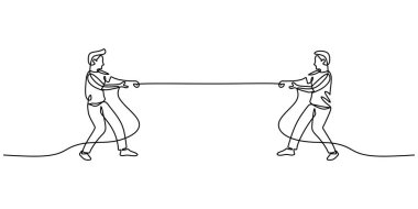 Devamlı olarak halat çeken adamlar. Güç, dayanışma ve zorlukların üstesinden gelmek için birlikte çalışmak. Vektör illüstrasyonu Bir satır sanat minimalisti.