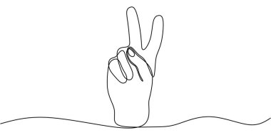 Barışçıl el hareketi durmaksızın çiziyor. Uyumu, sükuneti ve birliği sembolize ediyor. Vektör illüstrasyonu Bir satır sanat minimalisti.
