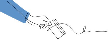 El Tutma Kredi Kartı kesintisiz çizgi çizimi. Finans, iş ve bankacılık konsepti. Minimalist bir sanat çizimi.