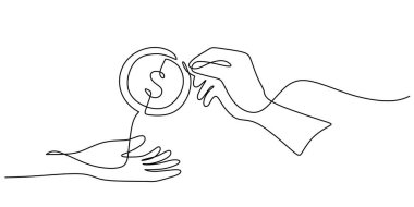 Para veren eller, paylaşım ya da finansal işlemleri temsil eder. Finans ve bankacılık kavramları için bir çizgi. Vektör illüstrasyon eli çizildi.