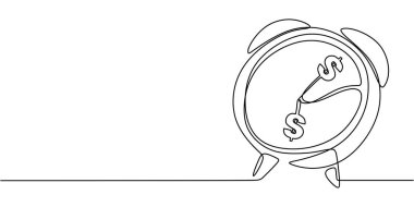 Zaman ve finansal meseleler arasındaki bağlantıyı yansıtan bir dolar işareti sarkaçlı bir saatin kesintisiz çizgisi. Vektör illüstrasyon eli çizildi.