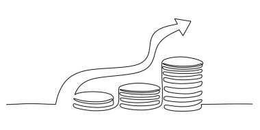Madeni para yığınının üzerindeki yükselen ok büyümeyi ve finansal ilerlemeyi simgeliyor. İş ve bankacılık kavramları için kesintisiz çizgiler. Vektör illüstrasyon eli çizildi.