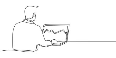 İş geliştirme ve mali başarıyı vurgulayan bir büyüme tablosunu sunan bir iş adamının sürekli çizimi. Vektör illüstrasyon eli çizildi.