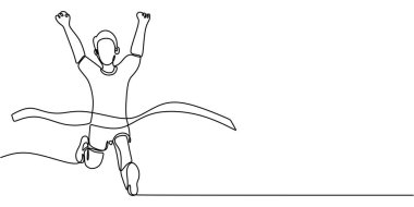 Bitiş çizgisini geçen bir koşucunun sürekli çizgileri, sporda ve kişisel başarıda zafer gösteriyor. Sağlıklı yaşam için minimalist tasarım. Vektör illüstrasyon eli çizildi.