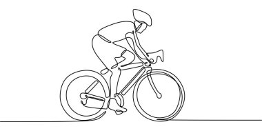 Bisikletli bir bisikletçinin sürekli çizdiği çizgiler spor ve sağlık için bisiklet sürmenin özünü yakalıyor. Aktif yaşam için minimalist tasarım. Vektör illüstrasyon eli çizildi.